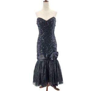 Vintage Zum Zum Womens 6/8 Dress Sequin Lace Black Party High-Low Formal Prom